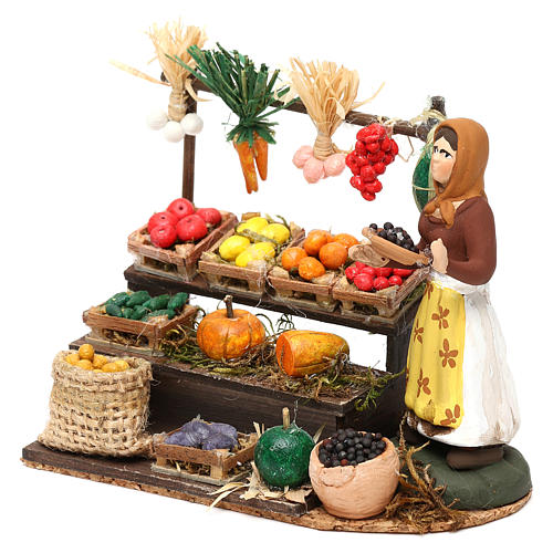 Mulher com banca frutos e legumes para presépio napolitano com peças de 8 cm altura média 2
