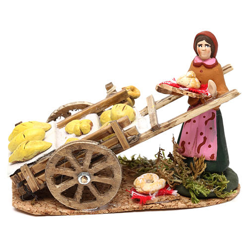 Cena mulher com carrinho do pão para presépio napolitano com peças de 8 cm altura média 1