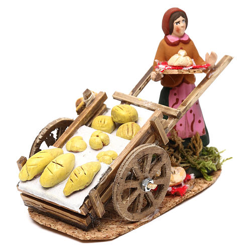 Cena mulher com carrinho do pão para presépio napolitano com peças de 8 cm altura média 2