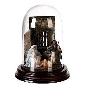 Holy Family set in glass dome, 6 cm Neapolitan nativity scene