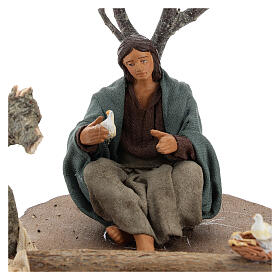 Miniature woman sitting under tree with birds, 14 cm nativity