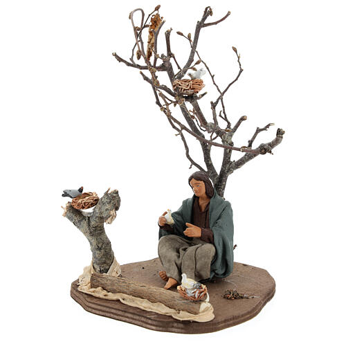 Miniature woman sitting under tree with birds, 14 cm nativity 3