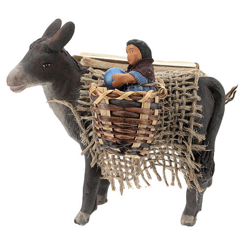 Donkey carrying child in basket, 10 cm Neapolitan nativity 1
