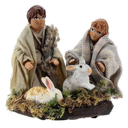 Two children with rabbits, 8 cm Neapolitan nativity figurine 1