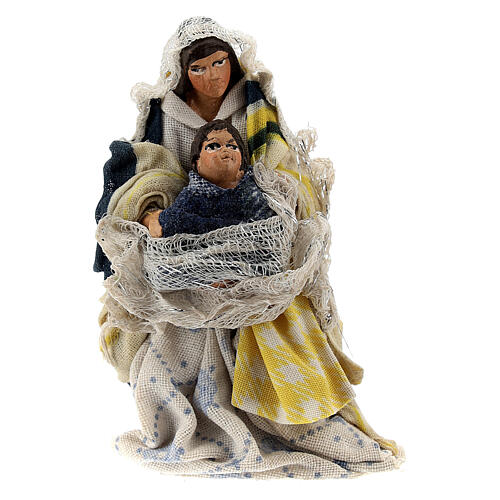 Mulher sentada com menino figura terracota para presépio napolitano com personagens de altura média 8 cm 1