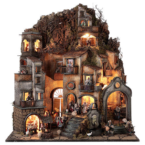 Neapolitan nativity village with bell tower church with animated figurines 8-10 cm 90x80x60 cm 1