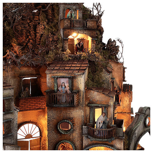 Neapolitan nativity village with bell tower church with animated figurines 8-10 cm 90x80x60 cm 6