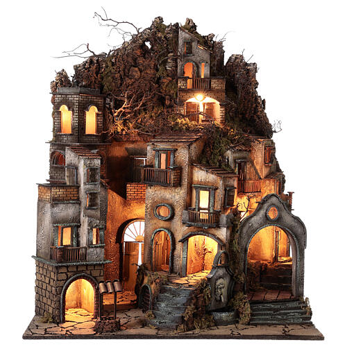 Neapolitan nativity village with bell tower church with animated figurines 8-10 cm 90x80x60 cm 13