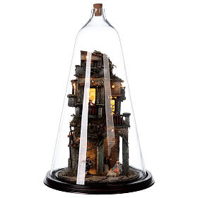 Nativity village in glass bell lighted Neapolitan nativity 50x30 cm