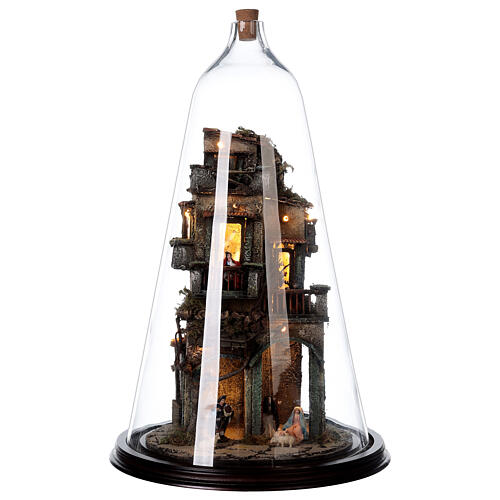 Nativity village in glass bell lighted Neapolitan nativity 50x30 cm 1