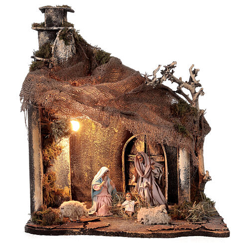 Nativity stable with Holy Family jute roof 12 cm Neapolitan nativity 30x35x45 cm 1