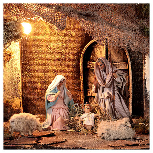 Nativity stable with Holy Family jute roof 12 cm Neapolitan nativity 30x35x45 cm 2