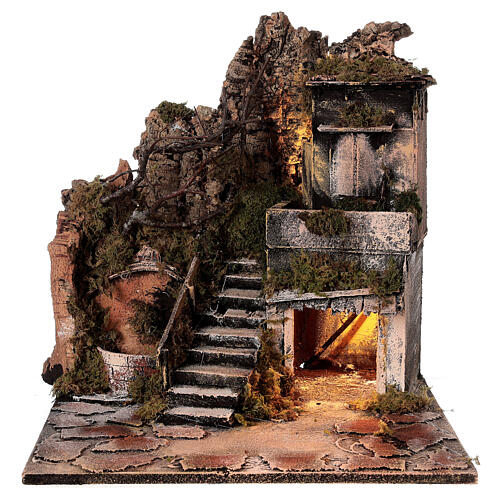 Scenografia z Narodzeniem Pańskim, balkonem i fontanną – szopka neapolitańska 40×40×40 cm, do figurek 8 cm 8