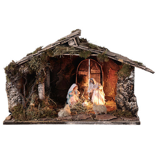 Wooden nativity stable with sloped roof 12 cm Nativity scene Neapolitan 30x45x30 1
