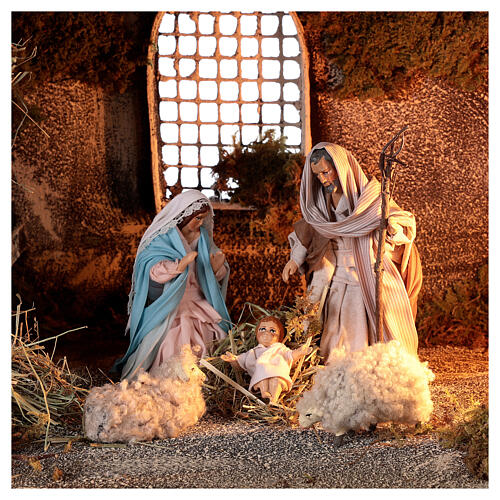 Nativity stable with Holy Family hay decor 12 cm Neapolitan nativity 30x40x30 2