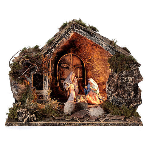 Hütte mit Scheune und Weihnachtsgeschichte für Krippe, 30x35x25 cm 1