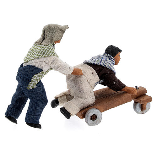 Pair of children playing with cart Neapolitan nativity 10 cm 5