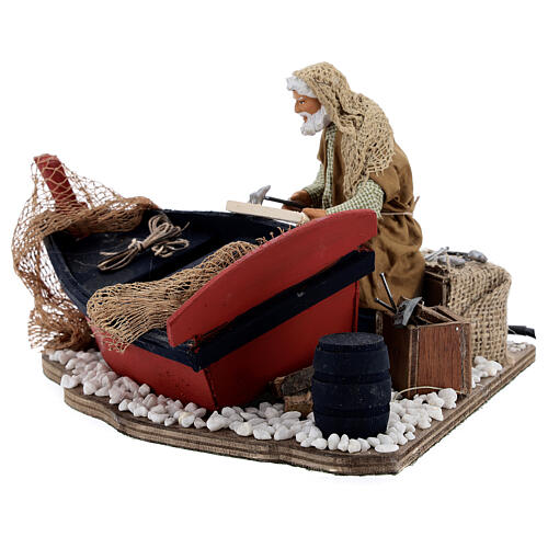 Man fixing boat Neapolitan Nativity scene movement 14 cm 3