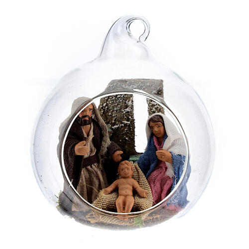 Glass ball with Holy Family figurines, 7 cm diam Neapolitan Nativity 1