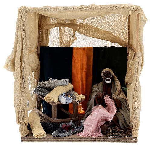 Scena ze sprzedawcą tkanin pod zasłoną, ruchoma figurka do szopki z Neapolu 14 cm 1