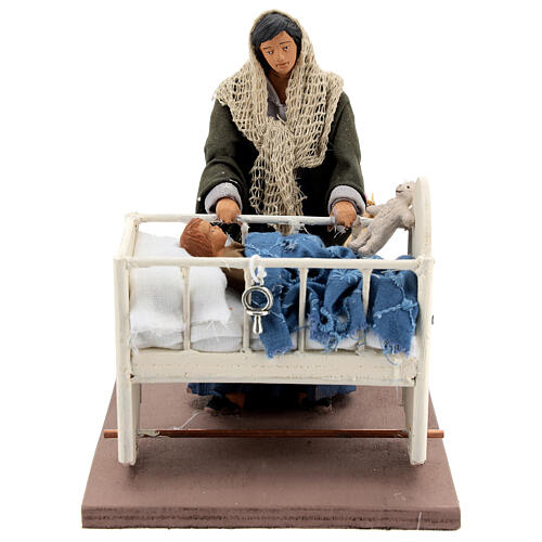 Animated woman with baby in crib 14 cm Neapolitan nativity 1