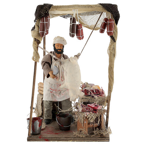 Animated working butcher Neapolitan Nativity Scene with standing figurines of 14 cm 3