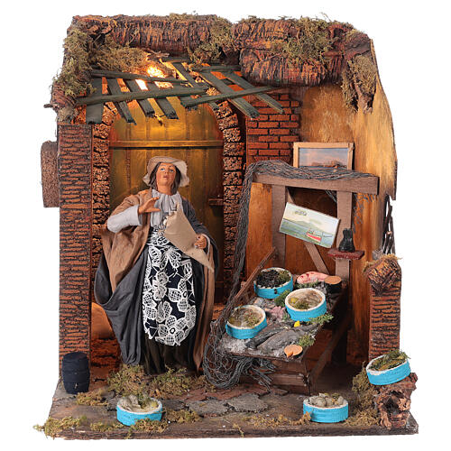 Fishmonger woman animated Neapolitan nativity 24 cm 40x35x30 cm 1