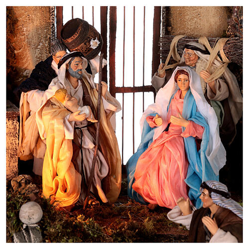 Belén napolitano templo Natividad fuente 100x50x50 cm estatuas 15 cm 2