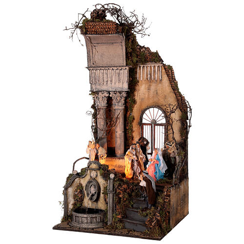 Belén napolitano templo Natividad fuente 100x50x50 cm estatuas 15 cm 3