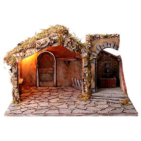 Setting for Neapolitan Nativity Scene with 12-14 cm characters, stable and fountain, 40x65x50 cm