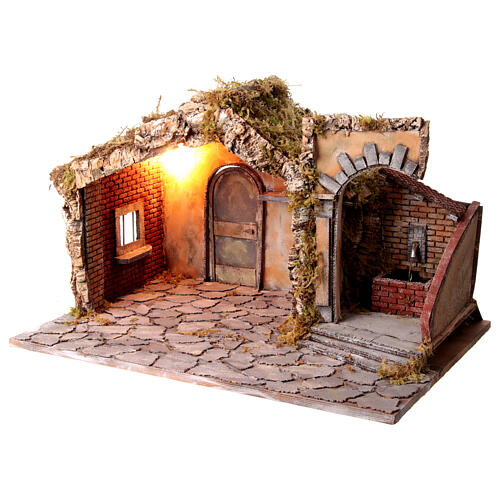 Setting for Neapolitan Nativity Scene with 12-14 cm characters, stable and fountain, 40x65x50 cm 5
