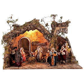 Illuminate stable with fountain and 12-14 cm Neapolitan Nativity Scene figurines, 40x65x50 cm