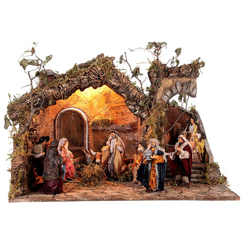 Illuminate stable with fountain and 12-14 cm Neapolitan Nativity Scene figurines, 40x65x50 cm 1