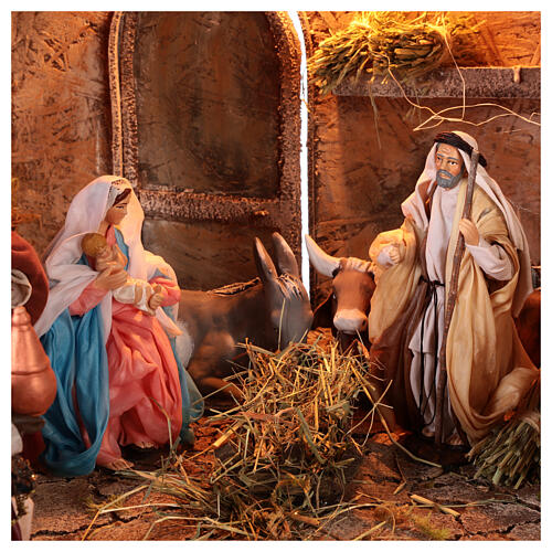 Illuminate stable with fountain and 12-14 cm Neapolitan Nativity Scene figurines, 40x65x50 cm 2