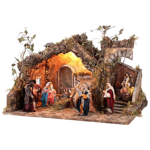 Illuminate stable with fountain and 12-14 cm Neapolitan Nativity Scene figurines, 40x65x50 cm 3