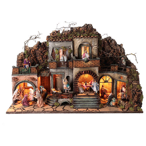 Neapolitan Nativity Scene for 10 cm figurines, village with fountain, animated character and Holy Family, 60x80x35 cm, MODULE 1 1