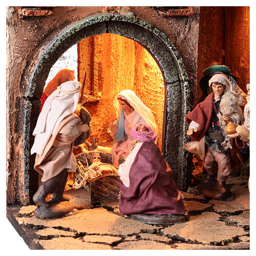 Neapolitan Nativity Scene for 10 cm figurines, village with fountain, animated character and Holy Family, 60x80x35 cm, MODULE 1 2