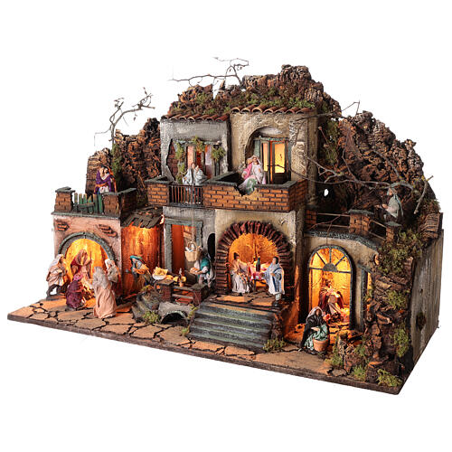 Neapolitan Nativity Scene for 10 cm figurines, village with fountain, animated character and Holy Family, 60x80x35 cm, MODULE 1 3