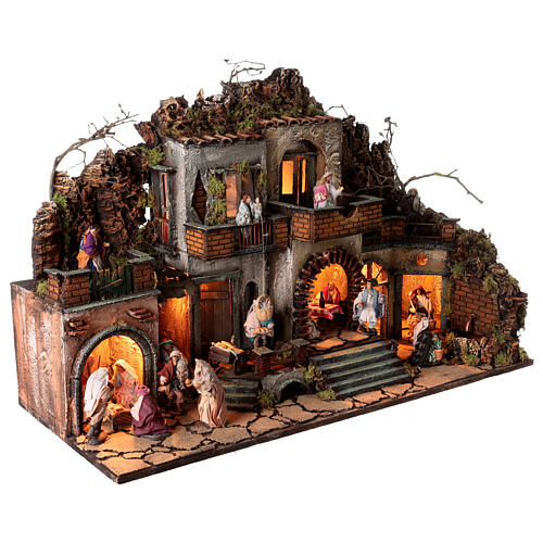 Neapolitan Nativity Scene for 10 cm figurines, village with fountain, animated character and Holy Family, 60x80x35 cm, MODULE 1 5
