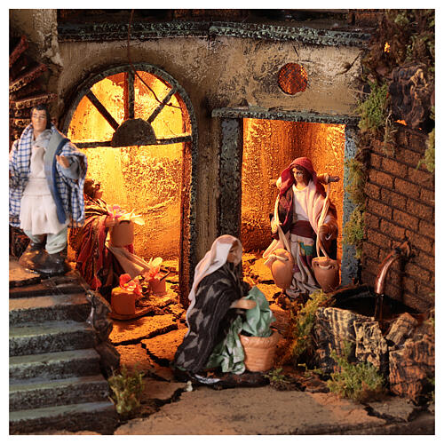 Neapolitan Nativity Scene for 10 cm figurines, village with fountain, animated character and Holy Family, 60x80x35 cm, MODULE 1 6