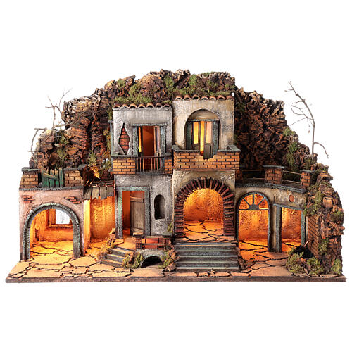 Neapolitan Nativity Scene for 10 cm figurines, village with fountain, animated character and Holy Family, 60x80x35 cm, MODULE 1 7