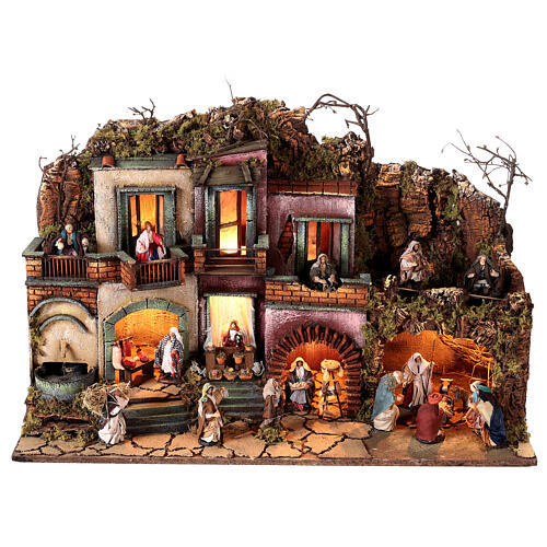 Neapolitan Nativity village for 10 cm figurines, with fountain and Holy Family, 60x80x35 cm, MODULE 2 1