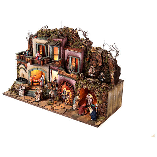 Neapolitan Nativity village for 10 cm figurines, with fountain and Holy Family, 60x80x35 cm, MODULE 2 3