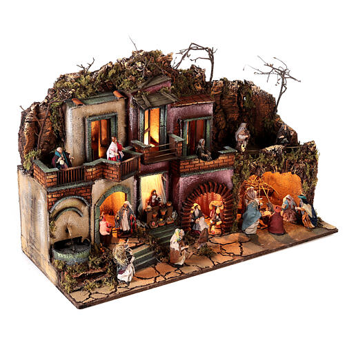 Neapolitan Nativity village for 10 cm figurines, with fountain and Holy Family, 60x80x35 cm, MODULE 2 5