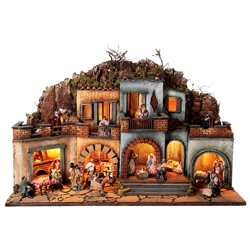 Neapolitan Nativity Scene for 10 cm figurines, village animated character and Holy Family, 60x80x35 cm, MODULE 3 1