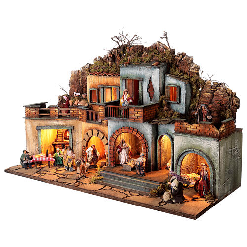 Neapolitan Nativity Scene for 10 cm figurines, village animated character and Holy Family, 60x80x35 cm, MODULE 3 3