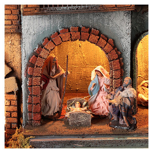 Neapolitan Nativity Scene for 10 cm figurines, village animated character and Holy Family, 60x80x35 cm, MODULE 3 4