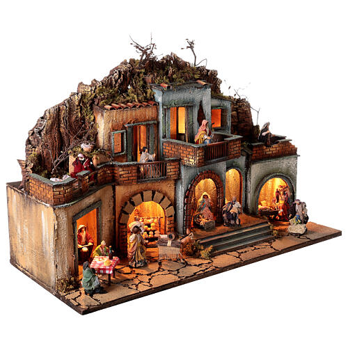 Neapolitan Nativity Scene for 10 cm figurines, village animated character and Holy Family, 60x80x35 cm, MODULE 3 5