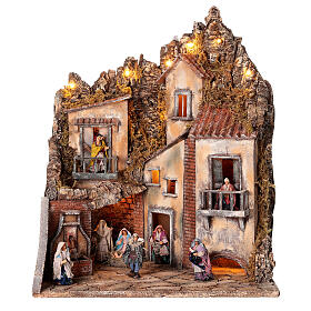 Illuminated Neapolitan Nativity Scene with fountain and characters of 10 cm 60x40x50 cm
