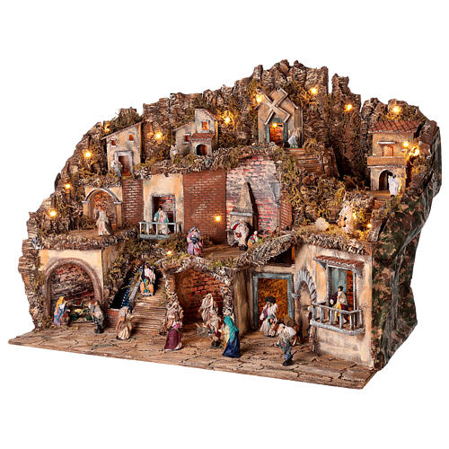 Szopka neapolitańska kompletna, figurki 10 cm, fontanna, młyn, oświetlenie, 80x100x60 cm 3